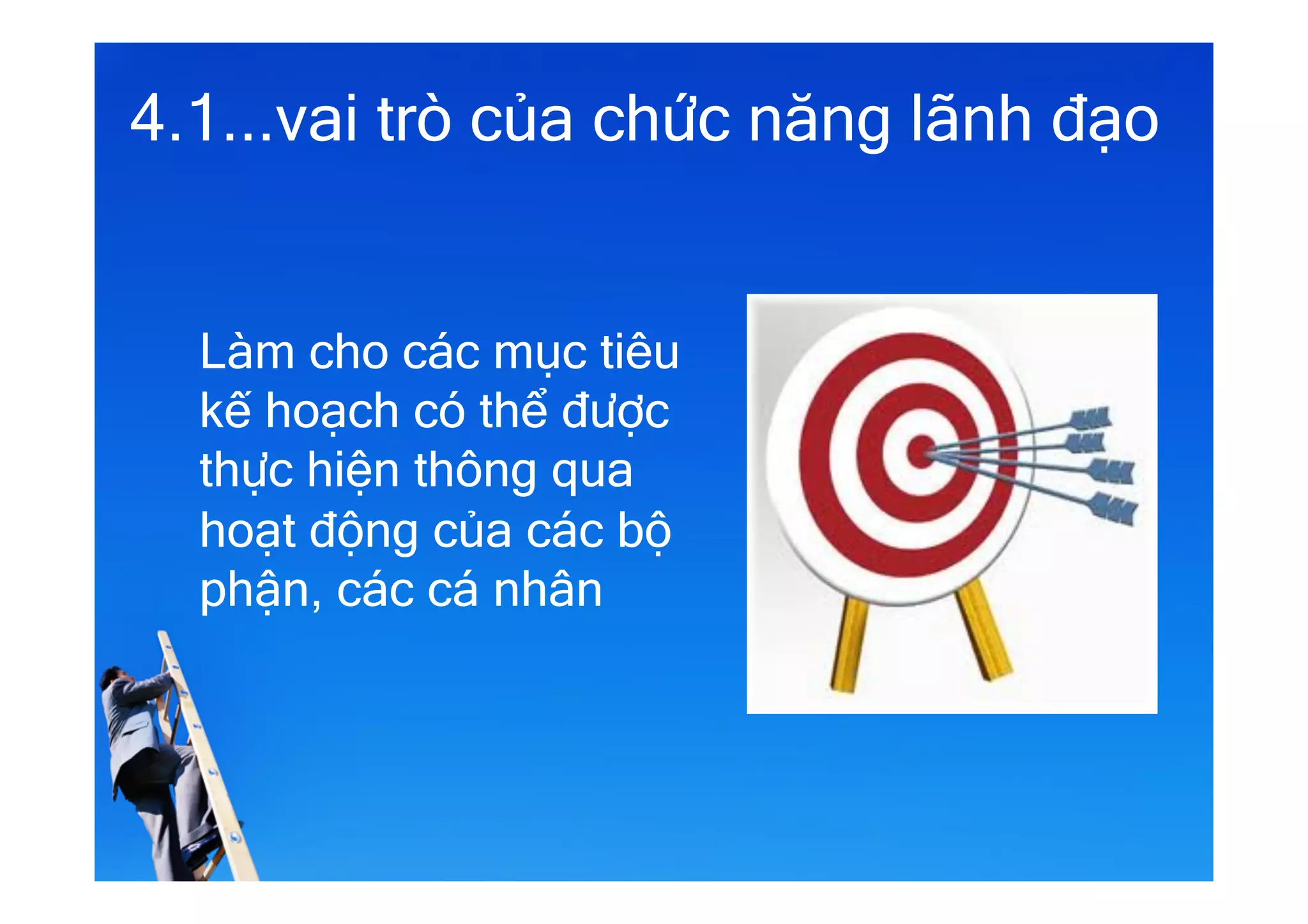4.1...vai trò của chức năng lãnh đạo
Làm cho các mục tiêu
kế hoạch có thể được
thực hiện thông qua
hoạt động của các bộ
phận, các cá nhân
 