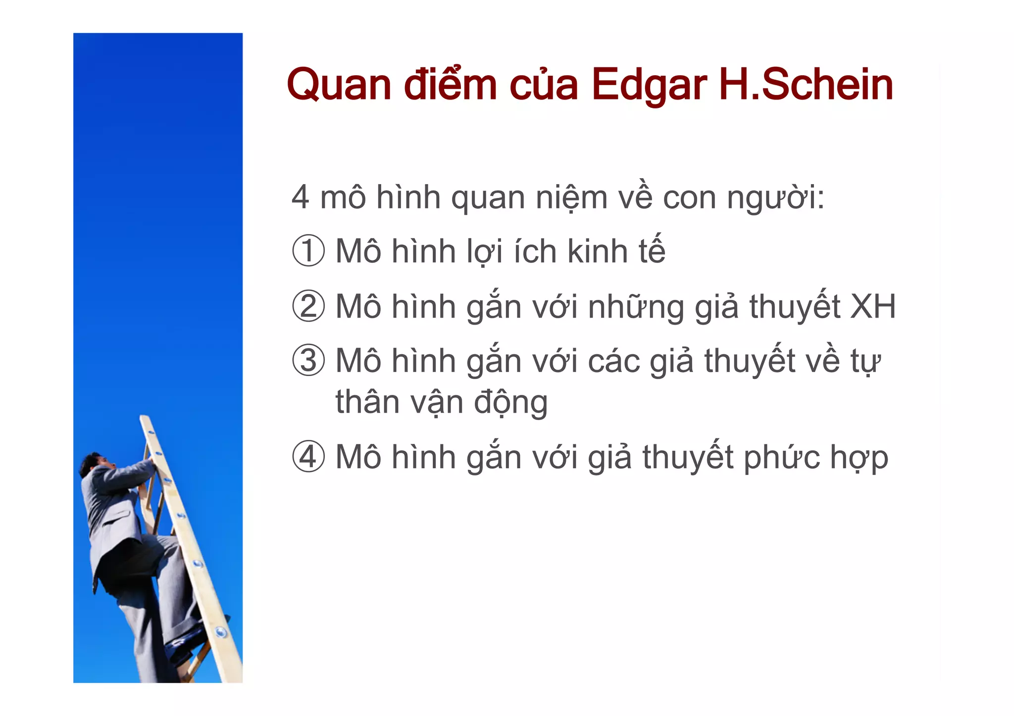 Quan điểm của Edgar H.Schein
4 mô hình quan niệm về con người:
① Mô hình lợi ích kinh tế
② Mô hình gắn với những giả thuyết XH
③ Mô hình gắn với các giả thuyết về tự
thân vận động
④ Mô hình gắn với giả thuyết phức hợp
 