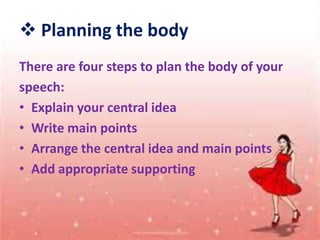  Planning the body
There are four steps to plan the body of your
speech:
• Explain your central idea
• Write main points
• Arrange the central idea and main points
• Add appropriate supporting
 