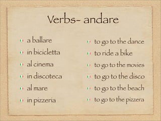 Verbs- andare
a ballare
in bicicletta
al cinema
in discoteca
al mare
in pizzeria
to go to the dance
to ride a bike
to go to the movies
to go to the disco
to go to the beach
to go to the pizzera
 