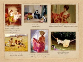 Gianna si sveglia, mentre
Sophia si pettina i capelli.
Gianna wakes, while Sophia
is combing her hair.
Maria si alza.
Maria gets up.
Victoria si veste. Si metta una il vestito rossa.
Victoria dresses (herself). She puts on a red dress.
Sara si addormenta.
Sara falls asleep.
Tullia si spoglia e si prepara per andare a letto.
Tullia strips and gets ready for bed.
Maria fa cenare con famiglia. 
Maria has dinner with family.
 