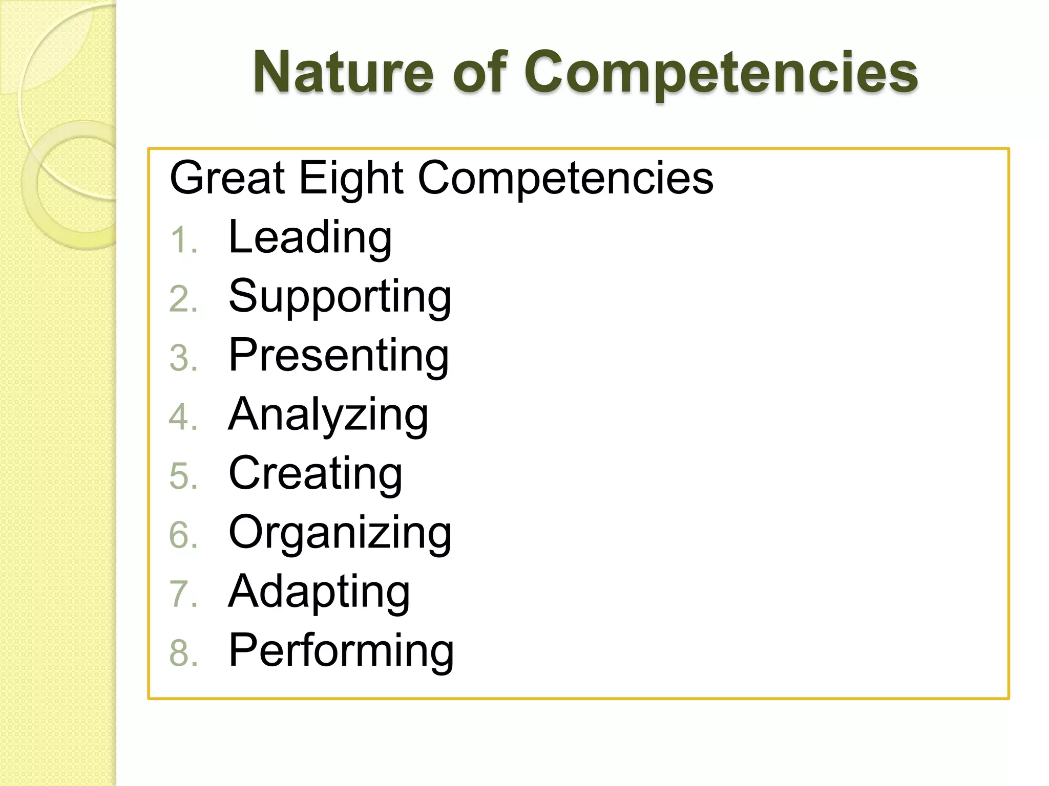 Nature of Competencies
Great Eight Competencies
1. Leading
2. Supporting
3. Presenting
4. Analyzing
5. Creating
6. Organizing
7. Adapting
8. Performing

 