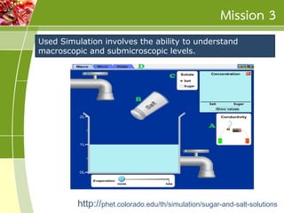 Mission 3
Used Simulation involves the ability to understand
macroscopic and submicroscopic levels.

http://phet.colorado.edu/th/simulation/sugar-and-salt-solutions

 