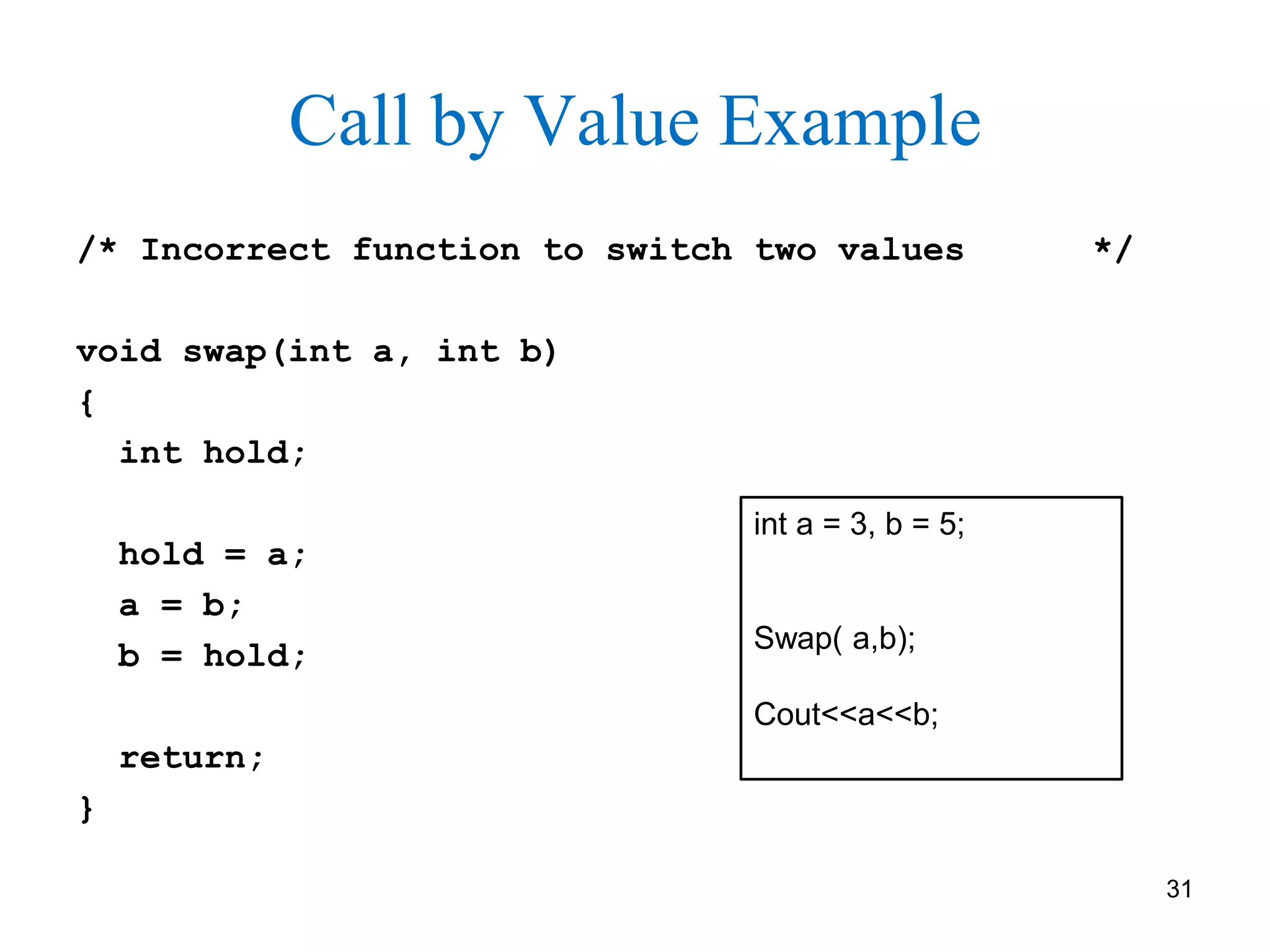 Call by Value Example
/* Incorrect function to switch two values */
void swap(int a, int b)
{
int hold;
hold = a;
a = b;
b = hold;
return;
}
31
int a = 3, b = 5;
Swap( a,b);
Cout<<a<<b;
 