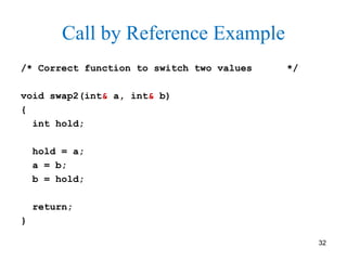 Call by Reference Example
/* Correct function to switch two values */
void swap2(int& a, int& b)
{
int hold;
hold = a;
a = b;
b = hold;
return;
}
32
 