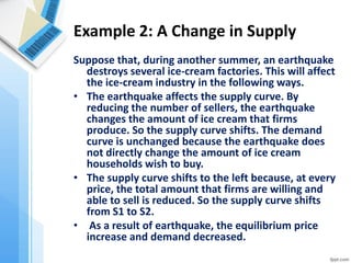 Example 2: A Change in Supply 
Suppose that, during another summer, an earthquake destroys several ice-cream factories. This will affect the ice-cream industry in the following ways. 
•The earthquake affects the supply curve. By reducing the number of sellers, the earthquake changes the amount of ice cream that firms produce. So the supply curve shifts. The demand curve is unchanged because the earthquake does not directly change the amount of ice cream households wish to buy. 
•The supply curve shifts to the left because, at every price, the total amount that firms are willing and able to sell is reduced. So the supply curve shifts from S1 to S2. 
• As a result of earthquake, the equilibrium price increase and demand decreased.  