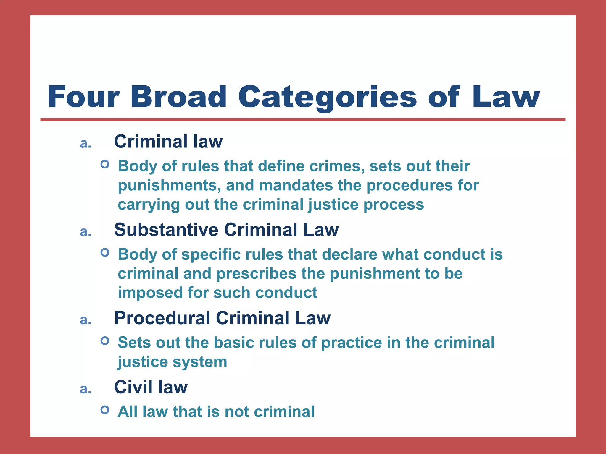 Four Broad Categories of Law 
a. Criminal law 
 Body of rules that define crimes, sets out their 
punishments, and mandates the procedures for 
carrying out the criminal justice process 
a. Substantive Criminal Law 
 Body of specific rules that declare what conduct is 
criminal and prescribes the punishment to be 
imposed for such conduct 
a. Procedural Criminal Law 
 Sets out the basic rules of practice in the criminal 
justice system 
a. Civil law 
 All law that is not criminal 
 