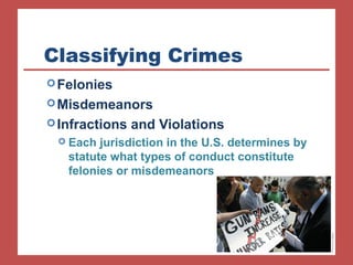 Classifying Crimes 
Felonies 
Misdemeanors 
Infractions and Violations 
 Each jurisdiction in the U.S. determines by 
statute what types of conduct constitute 
felonies or misdemeanors 
 
