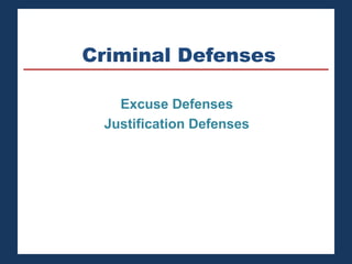 Criminal Defenses 
Excuse Defenses 
Justification Defenses 
 