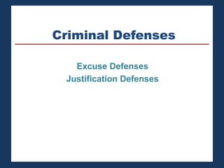 Criminal Defenses 
Excuse Defenses 
Justification Defenses 
 