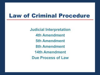 Law of Criminal Procedure 
Judicial Interpretation 
4th Amendment 
5th Amendment 
8th Amendment 
14th Amendment 
Due Process of Law 
 