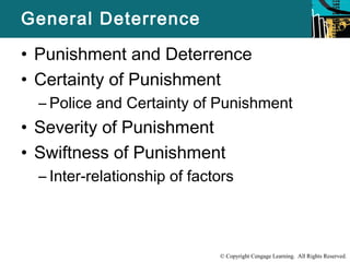 • Punishment and Deterrence 
• Certainty of Punishment 
– Police and Certainty of Punishment 
• Severity of Punishment 
• Swiftness of Punishment 
– Inter-relationship of factors 
© Copyright Cengage Learning. All Rights Reserved. 
General Deterrence 
 