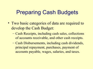 Preparing Cash Budgets 
• Two basic categories of data are required to 
develop the Cash Budget: 
– Cash Receipts, including cash sales, collections 
of accounts receivable, and other cash receipts. 
– Cash Disbursements, including cash dividends, 
principal repayment, purchases, payment of 
accounts payable, wages, salaries, and taxes. 
© 2004 Pearson 
4-10 
 