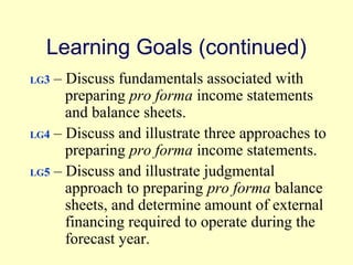 Learning Goals (continued) 
LG3 – Discuss fundamentals associated with 
preparing pro forma income statements 
and balance sheets. 
LG4 – Discuss and illustrate three approaches to 
preparing pro forma income statements. 
LG5 – Discuss and illustrate judgmental 
approach to preparing pro forma balance 
sheets, and determine amount of external 
financing required to operate during the 
forecast year. 
© 2004 Pearson 
4-3 
 