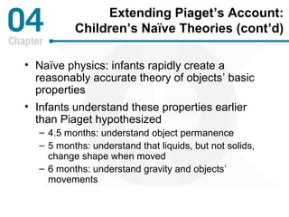 Extending Piaget’s Account: 
Children’s Naïve Theories (cont’d) 
• Naïve physics: infants rapidly create a 
reasonably accurate theory of objects’ basic 
properties 
• Infants understand these properties earlier 
than Piaget hypothesized 
– 4.5 months: understand object permanence 
– 5 months: understand that liquids, but not solids, 
change shape when moved 
– 6 months: understand gravity and objects’ 
movements 
 
