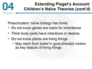 Extending Piaget’s Account: 
Children’s Naïve Theories (cont’d) 
Preschoolers’ naïve biology has limits 
• Do not know genes are basis for inheritance 
• Think body parts have intentions or desires 
• Do not know plants are living things 
• May stem from belief in goal-directed motion 
as key feature of living things 
 