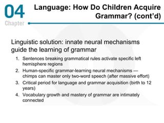 Language: How Do Children Acquire 
Grammar? (cont’d) 
Linguistic solution: innate neural mechanisms 
guide the learning of grammar 
1. Sentences breaking grammatical rules activate specific left 
hemisphere regions 
2. Human-specific grammar-learning neural mechanisms — 
chimps can master only two-word speech (after massive effort) 
3. Critical period for language and grammar acquisition (birth to 12 
years) 
4. Vocabulary growth and mastery of grammar are intimately 
connected 
 