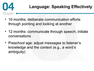 Language: Speaking Effectively 
• 10 months: deliberate communication efforts 
through pointing and looking at another 
• 12 months: communicate through speech; initiate 
conversations 
• Preschool age: adjust messages to listener’s 
knowledge and the context (e.g., a word’s 
ambiguity) 
 