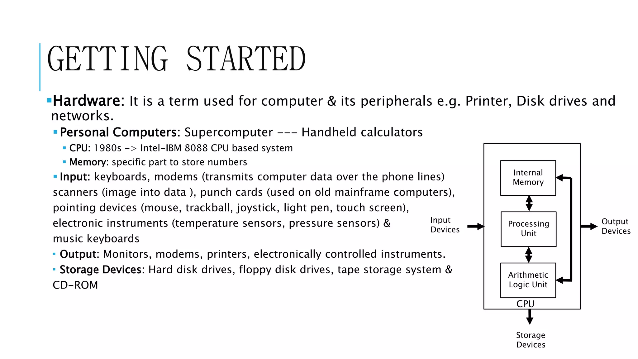 GETTING STARTED 
Hardware: It is a term used for computer & its peripherals e.g. Printer, Disk drives and 
networks. 
 Personal Computers: Supercomputer --- Handheld calculators 
 CPU: 1980s -> Intel-IBM 8088 CPU based system 
 Memory: specific part to store numbers 
 Input: keyboards, modems (transmits computer data over the phone lines) 
scanners (image into data ), punch cards (used on old mainframe computers), 
pointing devices (mouse, trackball, joystick, light pen, touch screen), 
electronic instruments (temperature sensors, pressure sensors) & 
music keyboards 
 Output: Monitors, modems, printers, electronically controlled instruments. 
 Storage Devices: Hard disk drives, floppy disk drives, tape storage system & 
CD-ROM 
Internal 
Memory 
Processing 
Unit 
Arithmetic 
Logic Unit 
CPU 
Output 
Devices 
Input 
Devices 
Storage 
Devices 
 