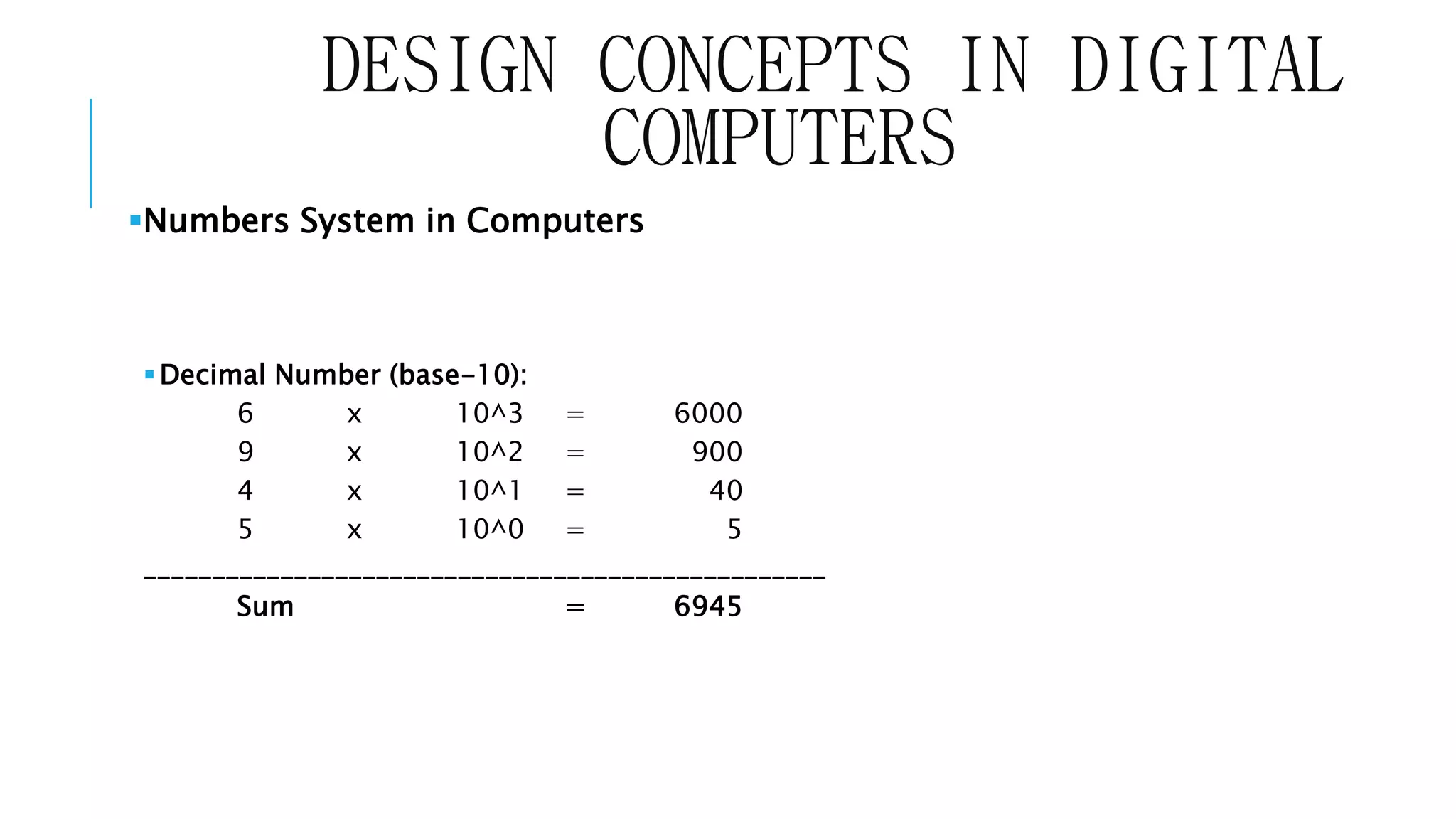 DESIGN CONCEPTS IN DIGITAL 
COMPUTERS 
Numbers System in Computers 
Decimal Number (base-10): 
6 x 10^3 = 6000 
9 x 10^2 = 900 
4 x 10^1 = 40 
5 x 10^0 = 5 
__________________________________________________ 
Sum = 6945 
 