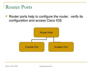 Release 16/07/2009 Jetking Infotrain Ltd.
Router Ports
 Router ports help to configure the router, verify its
configuration and access Cisco IOS
Router Ports
Console Port Auxiliary Port
 