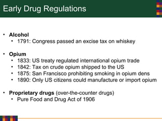 Early Drug Regulations
• Alcohol
• 1791: Congress passed an excise tax on whiskey
• Opium
• 1833: US treaty regulated international opium trade
• 1842: Tax on crude opium shipped to the US
• 1875: San Francisco prohibiting smoking in opium dens
• 1890: Only US citizens could manufacture or import opium
• Proprietary drugs (over-the-counter drugs)
• Pure Food and Drug Act of 1906
 