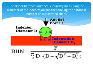 The Brinell hardness number is found by measuring the
diameter of the indentation and then finding the hardness
number on a calibrated chart.
 