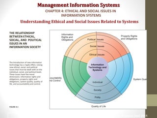 Management Information SystemsManagement Information Systems
Understanding Ethical and Social Issues Related to Systems
THE RELATIONSHIP
BETWEEN ETHICAL,
SOCIAL, AND POLITICAL
ISSUES IN AN
INFORMATION SOCIETY
The introduction of new information
technology has a ripple effect, raising
new ethical, social, and political
issues that must be dealt with on the
individual, social, and political levels.
These issues have five moral
dimensions: information rights and
obligations, property rights and
obligations, system quality, quality of
life, and accountability and control.
FIGURE 4-1
CHAPTER 4: ETHICAL AND SOCIAL ISSUES IN
INFORMATION SYSTEMS
© Prentice Hall 20117
 
