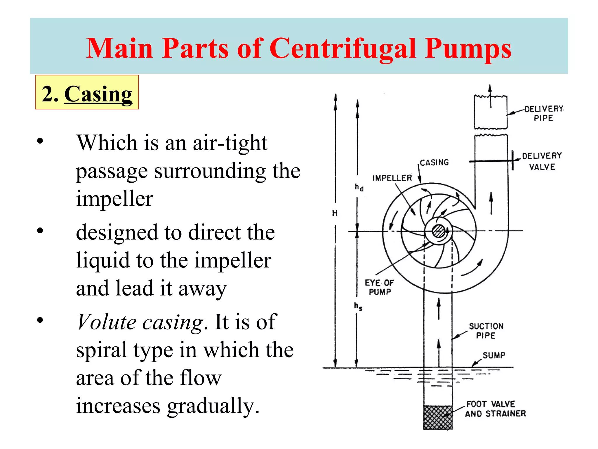 Main Parts of Centrifugal Pumps
• Which is an air-tight
passage surrounding the
impeller
• designed to direct the
liquid to the impeller
and lead it away
• Volute casing. It is of
spiral type in which the
area of the flow
increases gradually.
2. Casing
 