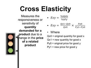 Cross Elasticity
Measures the
responsiveness or
sensitivity of
quantity
demanded for a
product due to a
change in the price
of a related
product
 
