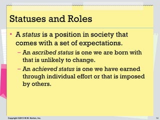 14Copyright ©2013 W.W. Norton, Inc.
Statuses and Roles
• A status is a position in society that
comes with a set of expect...
