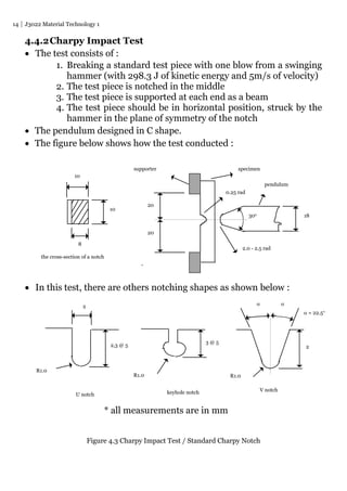 14 J3022 Material Technology 1
4.4.2Charpy Impact Test
 The test consists of :
1. Breaking a standard test piece with one blow from a swinging
hammer (with 298.3 J of kinetic energy and 5m/s of velocity)
2. The test piece is notched in the middle
3. The test piece is supported at each end as a beam
4. The test piece should be in horizontal position, struck by the
hammer in the plane of symmetry of the notch
 The pendulum designed in C shape.
 The figure below shows how the test conducted :
 In this test, there are others notching shapes as shown below :
Figure 4.3 Charpy Impact Test / Standard Charpy Notch
18
20
20
pendulum
specimensupporter
10
10
8
0.25 rad
2.0 - 2.5 rad
30o
the cross-section of a notch
2
2,3 @ 5
3 @ 5
2
R1.0
R1.0R1.0
U notch keyhole notch V notch

 = 22.5
* all measurements are in mm
 