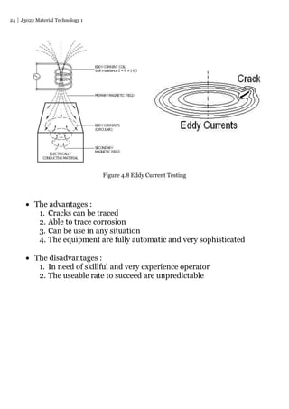 24 J3022 Material Technology 1
Figure 4.8 Eddy Current Testing
 The advantages :
1. Cracks can be traced
2. Able to trace corrosion
3. Can be use in any situation
4. The equipment are fully automatic and very sophisticated
 The disadvantages :
1. In need of skillful and very experience operator
2. The useable rate to succeed are unpredictable
 
