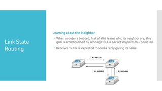 LinkState
Routing
Learning about the Neighbor
 When a router a booted, first of all it learns who its neighbor are, this
goal is accomplished by sending HELLO packet on point-to – point line.
 Receiver router is expected to send a reply giving its name.
 