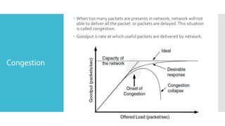 Congestion
 When too many packets are presents in network, network will not
able to deliver all the packet or packets are delayed.This situation
is called congestion.
 Goodput is rate at which useful packets are delivered by network.
 