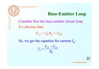 DC Biasing of BJTs
Consider first the base-emitter circuit loop.
Base-Emitter Loop
It’s obvious that:
So, we get the equation for current IB :
VCC = IB RB + VBE
B
BECC
B
R
VV
I


 