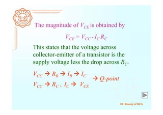 DC Biasing of BJTs
The magnitude of VCE is obtained by
This states that the voltage across
collector-emitter of a transistor is the
supply voltage less the drop across RC.
VCC  RB  IB  IC
VCE = VCC - IC RC
VCC  RC , IC  VCE
 Q-point
 