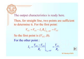 DC Biasing of BJTs
The output characteristics is ready here.
Then, for straight line, two points are sufficient
to determine it. For the first point:
CCVICCCCCE VRIVV
C
 0
So the first point is (VCC ,0).
For the other point :
C
CC
VVC
CECC
C
R
V
R
VV
I
CE



0
 