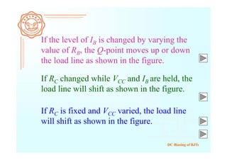 DC Biasing of BJTs
If the level of IB is changed by varying the
value of RB, the Q-point moves up or down
the load line as shown in the figure.
If RC changed while VCC and IB are held, the
load line will shift as shown in the figure.
If RC is fixed and VCC varied, the load line
will shift as shown in the figure.
 