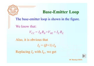 DC Biasing of BJTs
Base-Emitter Loop
The base-emitter loop is shown in the figure.
Also, it is obvious that
VCC = IB RB +VBE + IE RE
We know that:
IE = (β+1) IB
Replacing IE with IB , we get
 