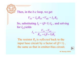 DC Biasing of BJTs
Then, in the b-e loop, we get
So, substituting IE = (β+1) IB , and solving
for IB yields
VIN = IB RIN +VBE + IE RE
EIN
BEIN
B
RR
VV
I
)1( 



The resistor RE is reflected back to the
input base circuit by a factor of (β+1) ,
the same as that in emitter-bias circuit.
 