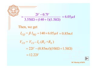DC Biasing of BJTs
)5.1)(1140(55.3
7.02



kk
VV
A05.6
Then, we get
ICQ = β IBQ
VCE = VCC - IC (RC +RE )
A05.6140 mA85.0
)5.110)(85.0(22  kkmAV
V22.12
 