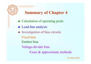 DC Biasing of BJTs
Summary of Chapter 4
 Calculation of operating point
 Investigation of bias circuits
Fixed bias
Emitter bias
 Load-line analysis
Voltage-divider bias
Exact & approximate methods
 