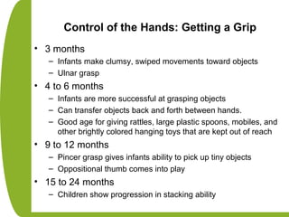 Control of the Hands: Getting a Grip
• 3 months
– Infants make clumsy, swiped movements toward objects
– Ulnar grasp
• 4 to 6 months
– Infants are more successful at grasping objects
– Can transfer objects back and forth between hands.
– Good age for giving rattles, large plastic spoons, mobiles, and
other brightly colored hanging toys that are kept out of reach
• 9 to 12 months
– Pincer grasp gives infants ability to pick up tiny objects
– Oppositional thumb comes into play
• 15 to 24 months
– Children show progression in stacking ability
 