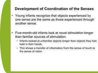 Development of Coordination of the Senses
• Young infants recognize that objects experienced by
one sense are the same as those experienced through
another sense.
• Five-month-old infants look at novel stimulation longer
than familiar sources of stimulation.
– Infants looked at unfamiliar objects longer than objects they had
held in their hands.
– This shows a transfer of information from the sense of touch to
the sense of vision
 