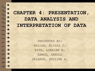 CHAPTER 4: PRESENTATION,
DATA ANALYSIS AND
INTERPRETATION OF DATA
PRESENTED BY:
BELLEN, ALYSSA C.
ESTA, LORAINE B.
RAMOS, ARNOLD
VELARDE, PAULINE R.
 