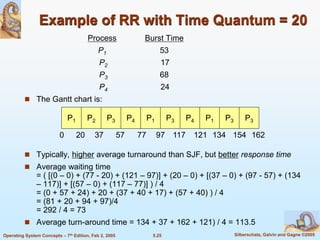 5.25 Silberschatz, Galvin and Gagne ©2005Operating System Concepts – 7th Edition, Feb 2, 2005
Example of RR with Time Quantum = 20
Process Burst Time
P1 53
P2 17
P3 68
P4 24
 The Gantt chart is:
 Typically, higher average turnaround than SJF, but better response time
 Average waiting time
= ( [(0 – 0) + (77 - 20) + (121 – 97)] + (20 – 0) + [(37 – 0) + (97 - 57) + (134
– 117)] + [(57 – 0) + (117 – 77)] ) / 4
= (0 + 57 + 24) + 20 + (37 + 40 + 17) + (57 + 40) ) / 4
= (81 + 20 + 94 + 97)/4
= 292 / 4 = 73
 Average turn-around time = 134 + 37 + 162 + 121) / 4 = 113.5
P1 P2 P3 P4 P1 P3 P4 P1 P3 P3
0 20 37 57 77 97 117 121 134 154 162
 