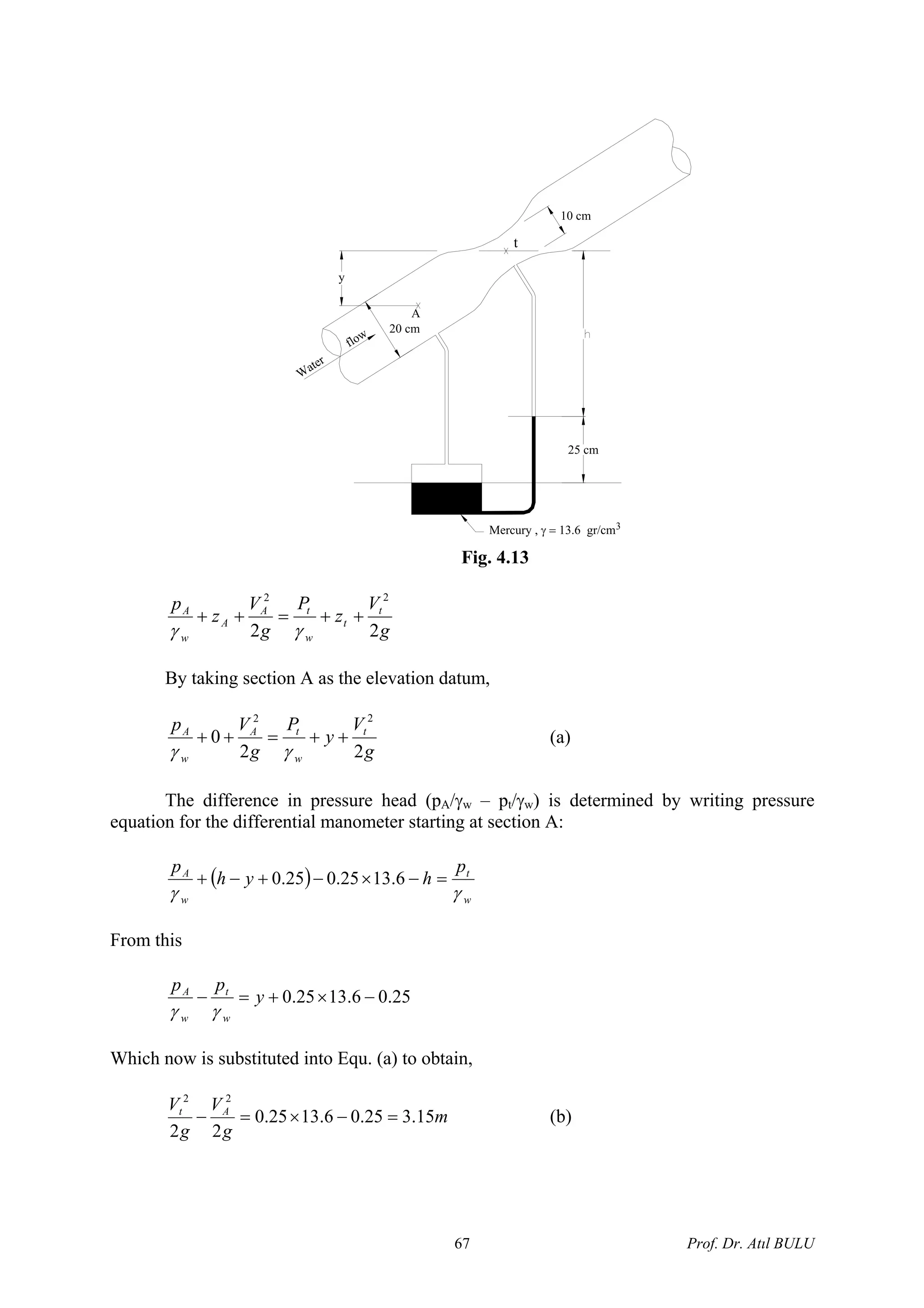 W
ater
flow
25 cm
A
t
20 cm
10 cm
y
Mercury , γ = 13.6 gr/cm3
Fig. 4.13
g
V
z
P
g
V
z
p t
t
w
tA
A
w
A
22
22
++=++
γγ
By taking section A as the elevation datum,
g
V
y
P
g
Vp t
w
tA
w
A
22
0
22
++=++
γγ
(a)
The difference in pressure head (pA/γw – pt/γw) is determined by writing pressure
equation for the differential manometer starting at section A:
( )
w
t
w
A p
hyh
p
γγ
=−×−+−+ 6.1325.025.0
From this
25.06.1325.0 −×+=− y
pp
w
t
w
A
γγ
Which now is substituted into Equ. (a) to obtain,
m
g
V
g
V At
15.325.06.1325.0
22
22
=−×=− (b)
Prof. Dr. Atıl BULU67
 