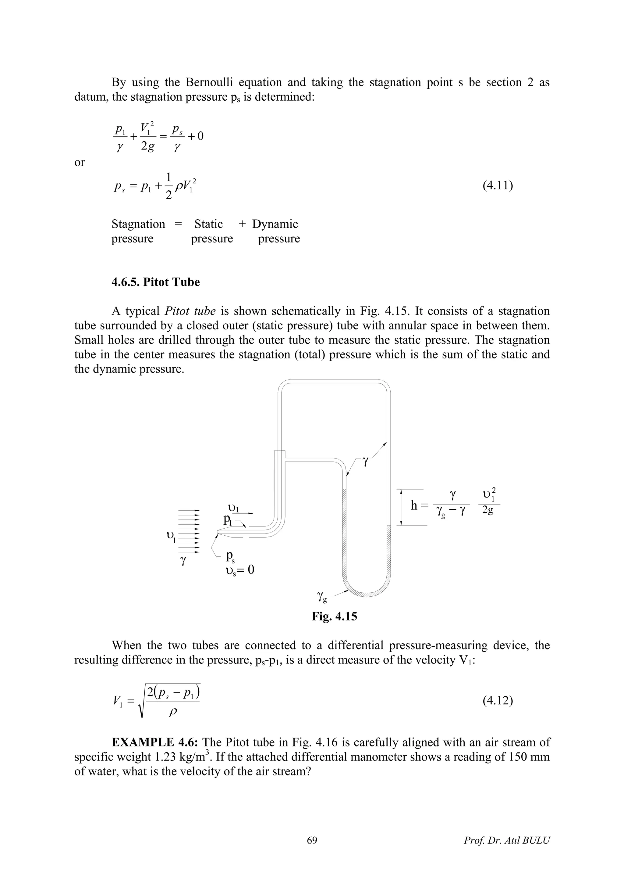 By using the Bernoulli equation and taking the stagnation point s be section 2 as
datum, the stagnation pressure ps is determined:
0
2
2
11
+=+
γγ
sp
g
Vp
or
2
11
2
1
Vpps ρ+= (4.11)
Stagnation = Static + Dynamic
pressure pressure pressure
4.6.5. Pitot Tube
A typical Pitot tube is shown schematically in Fig. 4.15. It consists of a stagnation
tube surrounded by a closed outer (static pressure) tube with annular space in between them.
Small holes are drilled through the outer tube to measure the static pressure. The stagnation
tube in the center measures the stagnation (total) pressure which is the sum of the static and
the dynamic pressure.
p
υ = 0
s
s
h =
γ υ
γ − γ 2gg
γ
γg
p1
υ1
1
υ
γ
1
2
Fig. 4.15
When the two tubes are connected to a differential pressure-measuring device, the
resulting difference in the pressure, ps-p1, is a direct measure of the velocity V1:
( )
ρ
1
1
2 pp
V s −
= (4.12)
EXAMPLE 4.6: The Pitot tube in Fig. 4.16 is carefully aligned with an air stream of
specific weight 1.23 kg/m3
. If the attached differential manometer shows a reading of 150 mm
of water, what is the velocity of the air stream?
Prof. Dr. Atıl BULU69
 