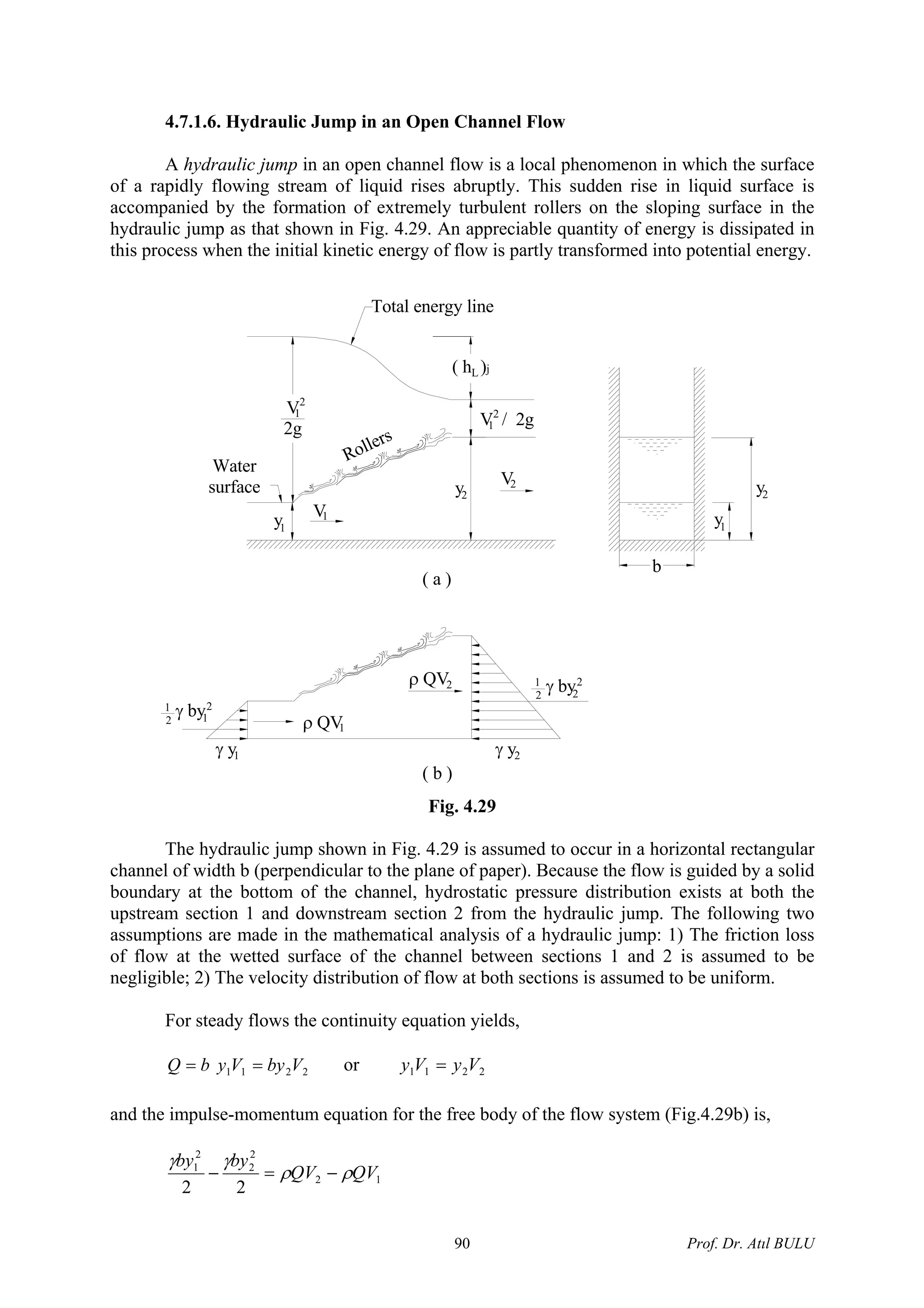 4.7.1.6. Hydraulic Jump in an Open Channel Flow
A hydraulic jump in an open channel flow is a local phenomenon in which the surface
of a rapidly flowing stream of liquid rises abruptly. This sudden rise in liquid surface is
accompanied by the formation of extremely turbulent rollers on the sloping surface in the
hydraulic jump as that shown in Fig. 4.29. An appreciable quantity of energy is dissipated in
this process when the initial kinetic energy of flow is partly transformed into potential energy.
( h )j
y
Total energy line
γ y1
( b )
2
Water
surface
γ by1
2 1
ρ QV
y 1V
1
1
ρ QV2
( a )
2
V
2g
1
γ y2
γ by1
2 2
2
2
V2
b
V / 2g1
L
2
y1
y2
Rollers
Fig. 4.29
The hydraulic jump shown in Fig. 4.29 is assumed to occur in a horizontal rectangular
channel of width b (perpendicular to the plane of paper). Because the flow is guided by a solid
boundary at the bottom of the channel, hydrostatic pressure distribution exists at both the
upstream section 1 and downstream section 2 from the hydraulic jump. The following two
assumptions are made in the mathematical analysis of a hydraulic jump: 1) The friction loss
of flow at the wetted surface of the channel between sections 1 and 2 is assumed to be
negligible; 2) The velocity distribution of flow at both sections is assumed to be uniform.
For steady flows the continuity equation yields,
2211 VbyVybQ == or 2211 VyVy =
and the impulse-momentum equation for the free body of the flow system (Fig.4.29b) is,
12
2
2
2
1
22
QVQV
byby
ρρ
γγ
−=−
Prof. Dr. Atıl BULU90
 